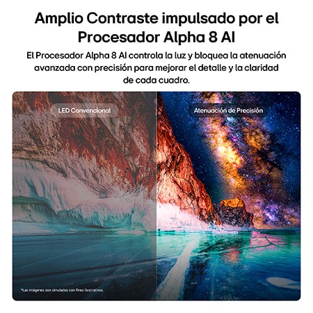 LG Mini RGB evo AI MRGB85 highlights Precision Dimming through a split image comparing conventional LED on the left with deeper blacks and improved contrast definition on the right, powered by the alpha 8 AI Processor.